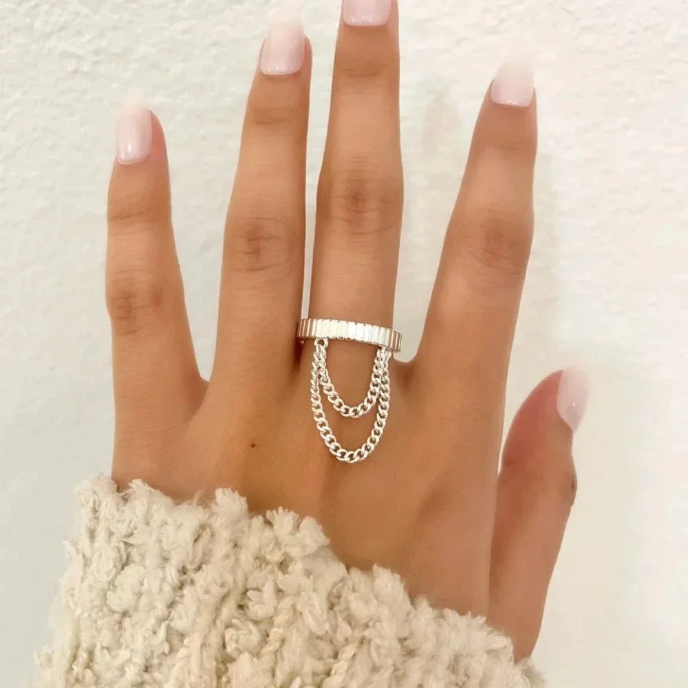 925 Sterling Silver Dangle Chain Drop Ring Minimalist Dainty Ring - Picture 7 of 7